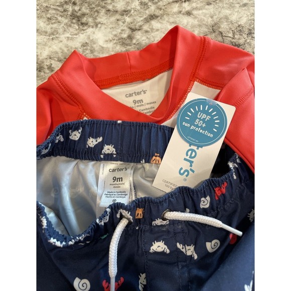 New 9 Months Carter's Boys  CRAB Rash Guard Swim trunks Shorts 2 pc Set UPF 50+ - Picture 3 of 3